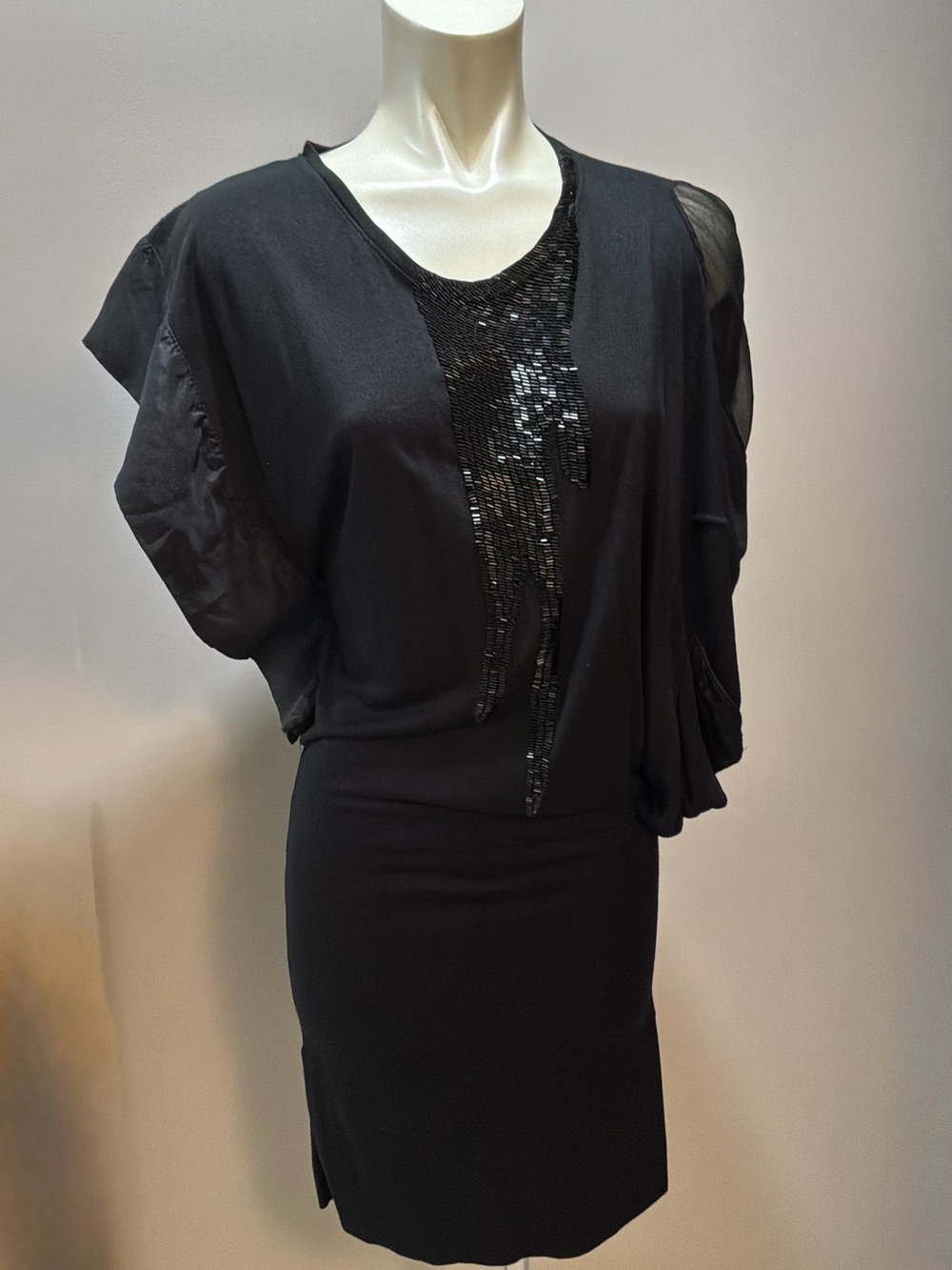Black Sequin-Trim Draped Cocktail Dress
